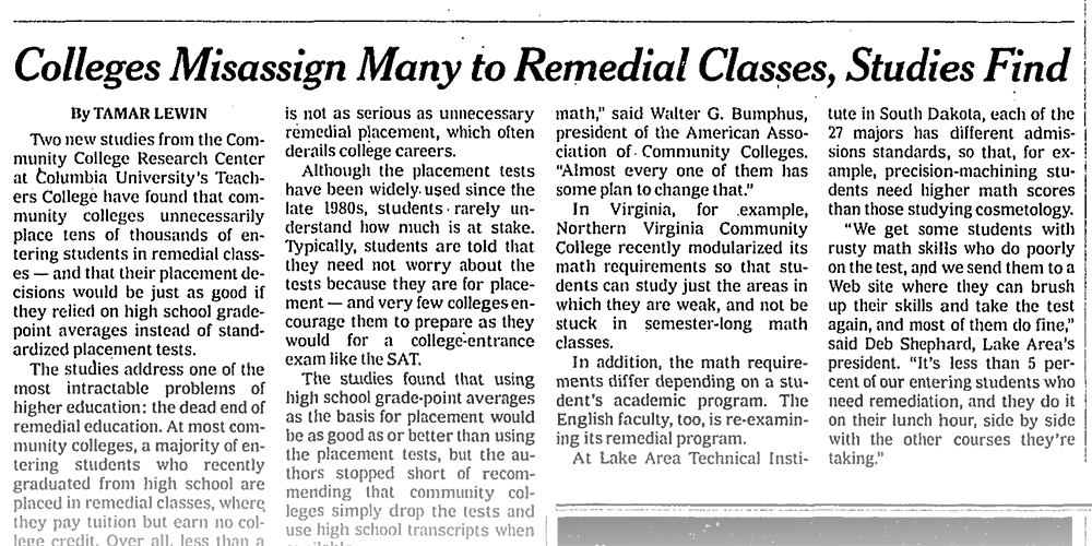 A New York Times story featuring CCRC's research on remedial placement tests