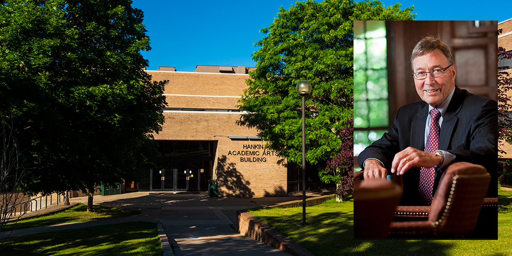 A headshot of Joseph Hankin inserted over an image of the Hankin academic arts building at Westchester Community College