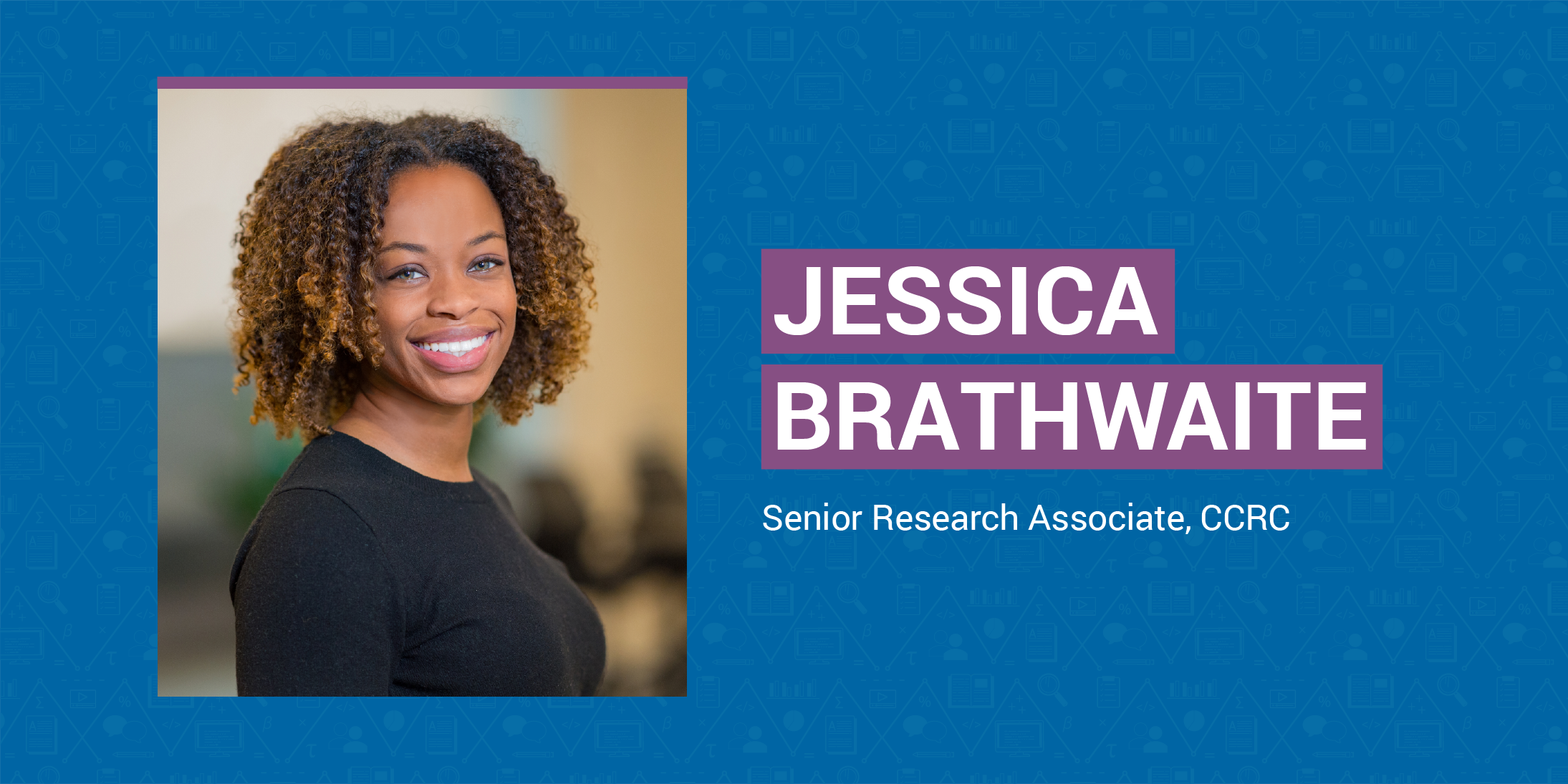 Jessica Brathwaite's headshot on a blue and purple background