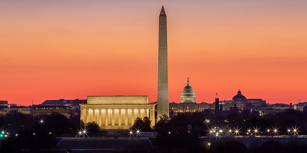 The Supreme Court, Washington Monument, and U.S. Capitol at sunrise