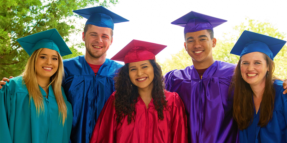 Five students in their caps and gowns