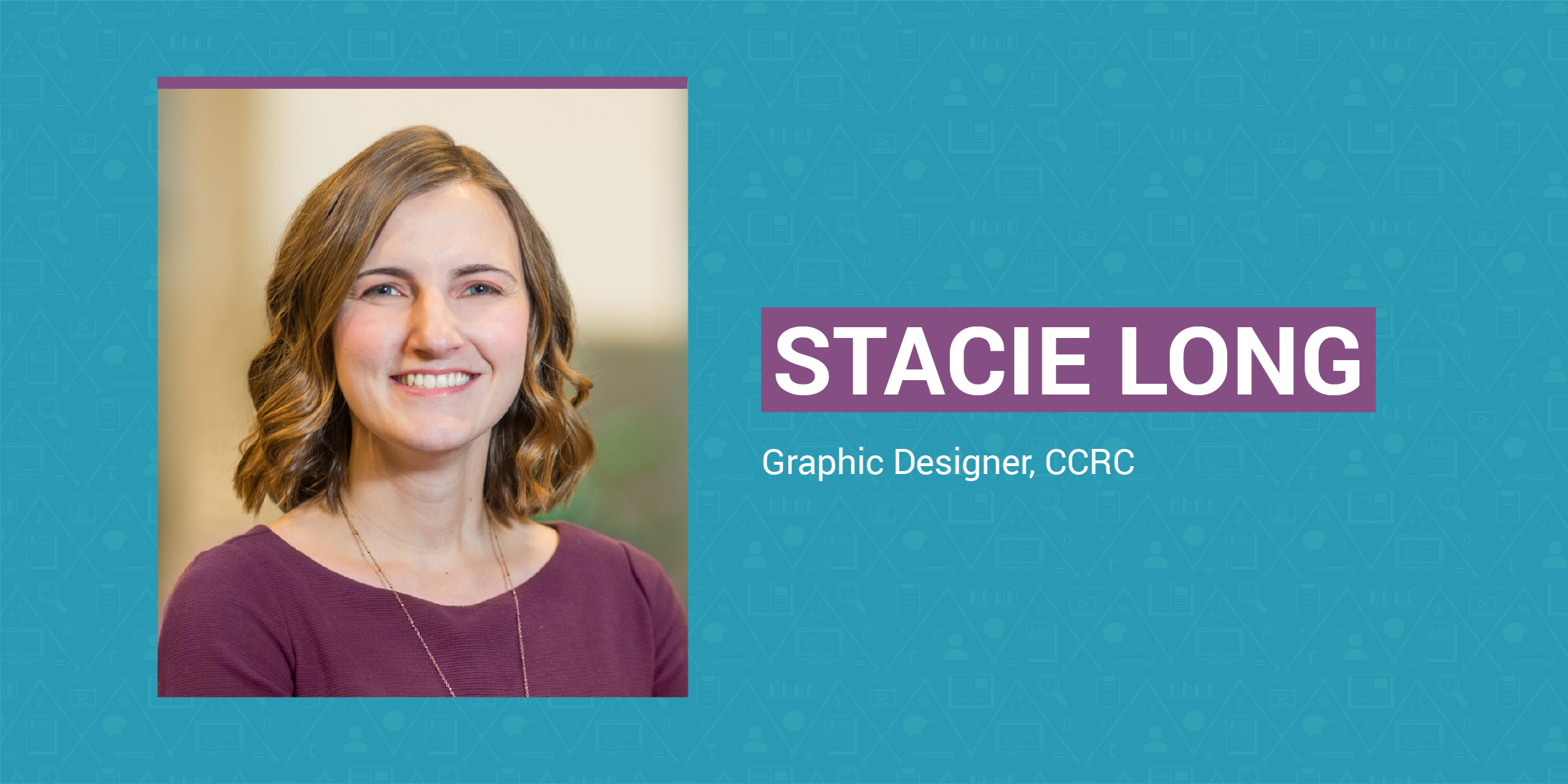 Stacie Long's headshot on a blue and purple background