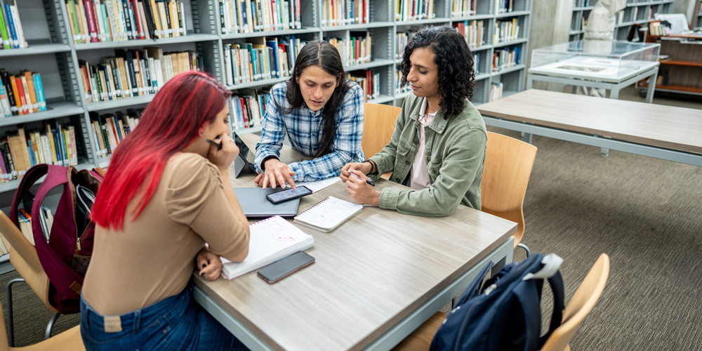 Students studying at library table