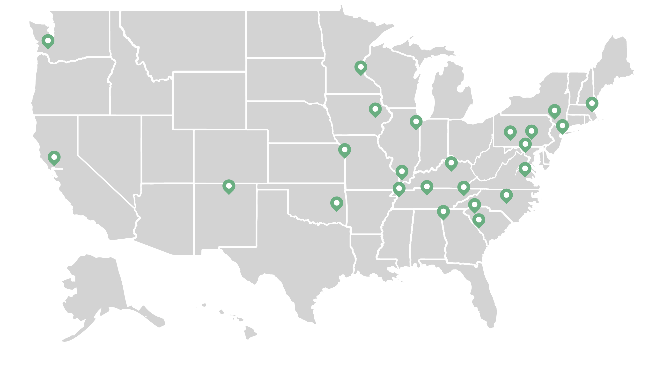 A map of the United States with teal markers indicating participating institute colleges